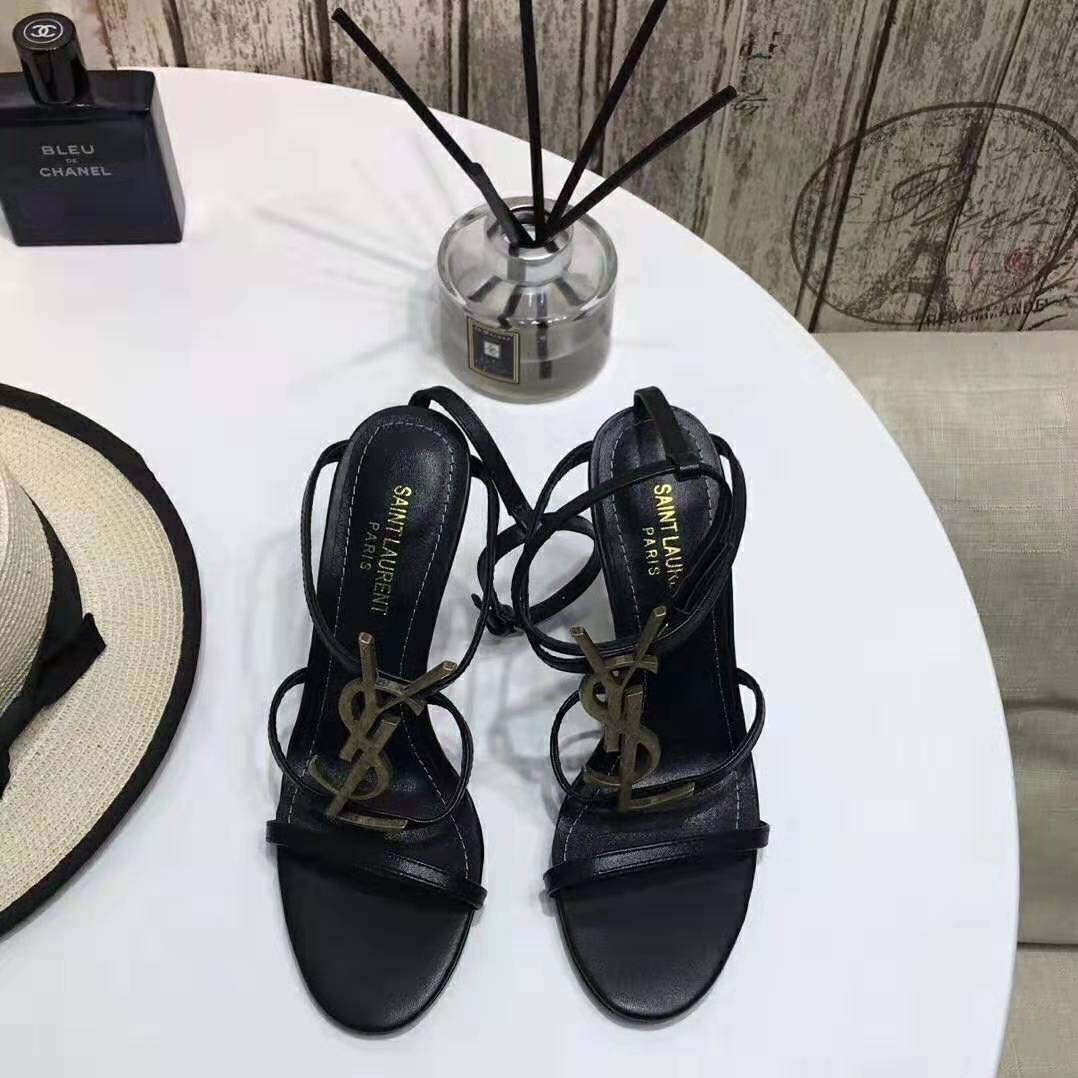 Saint Laurent YSL Women Cassandra Sandals with Gold Logo in Smooth Leather (110) Heel Height-Black - Image 3