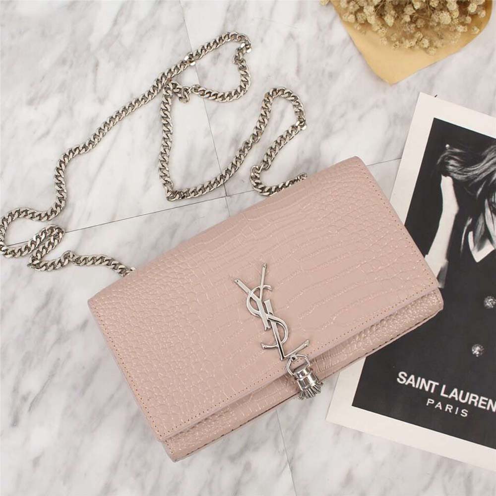 Saint Laurent YSL Women Kate Small Tassel Embossed Crocodile Shiny-Pink - Image 3
