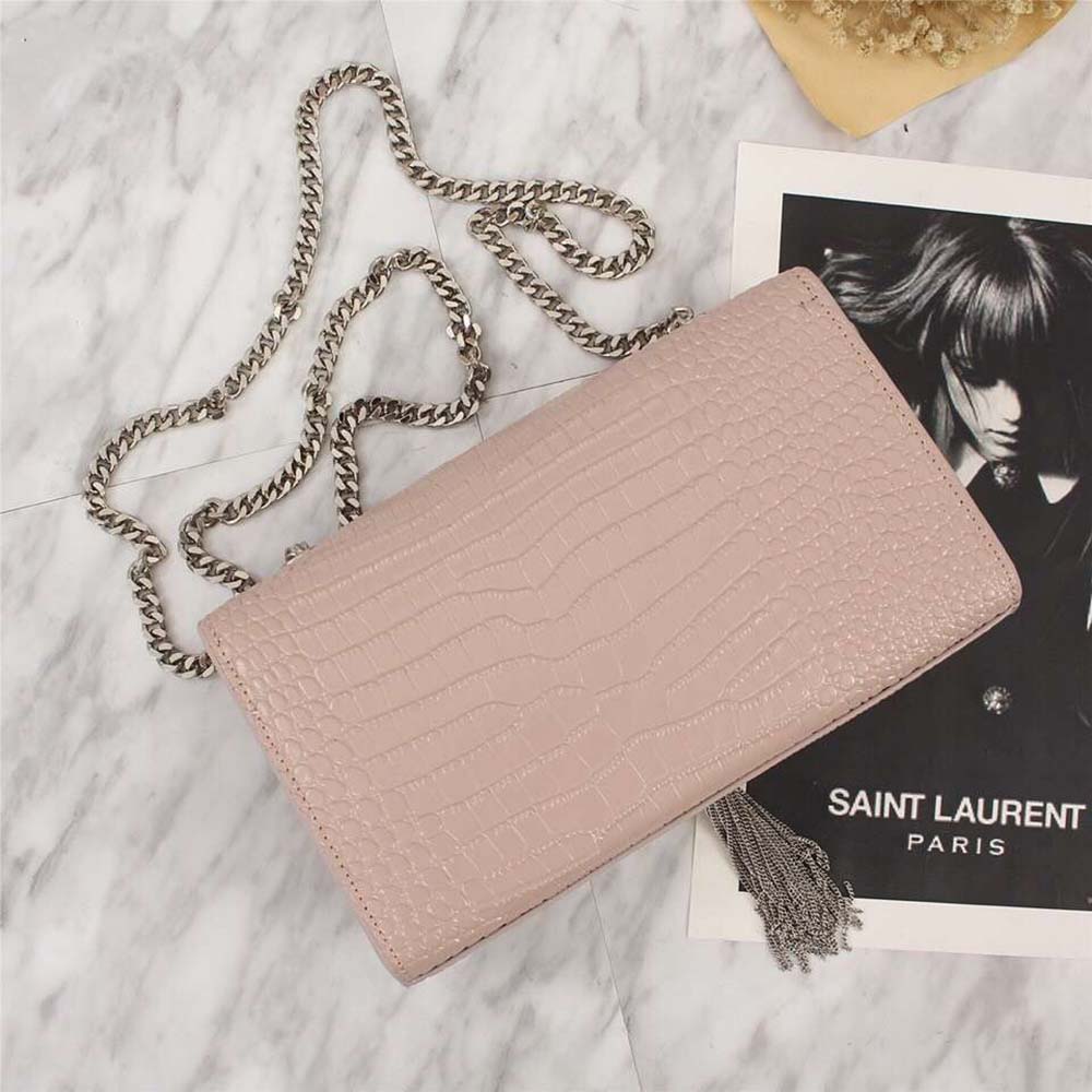 Saint Laurent YSL Women Kate Small Tassel Embossed Crocodile Shiny-Pink - Image 5