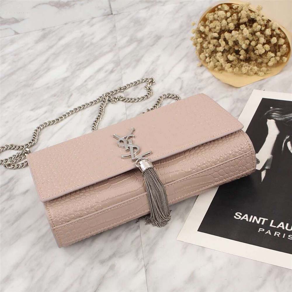 Saint Laurent YSL Women Kate Small Tassel Embossed Crocodile Shiny-Pink - Image 4