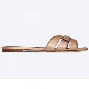 Saint Laurent YSL Women Tribute Flat Sandals in Metallic Leather-Gold