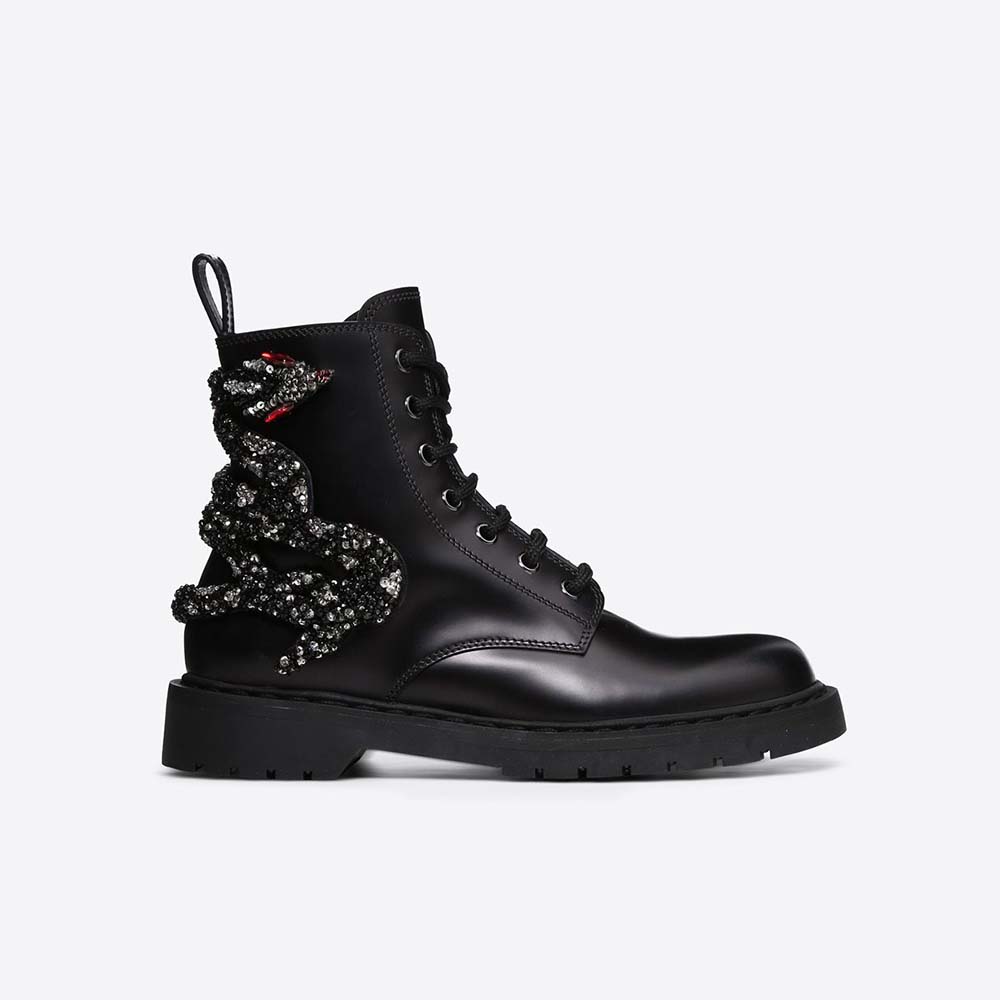 Valentino Women Shoes Snake Embroidered Combat Boot 20mm Heel-Black