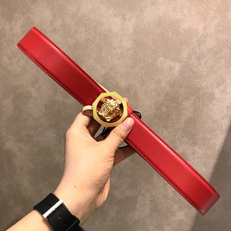 Versace Men Octagonal Medusa Leather Belt-Red - Image 6