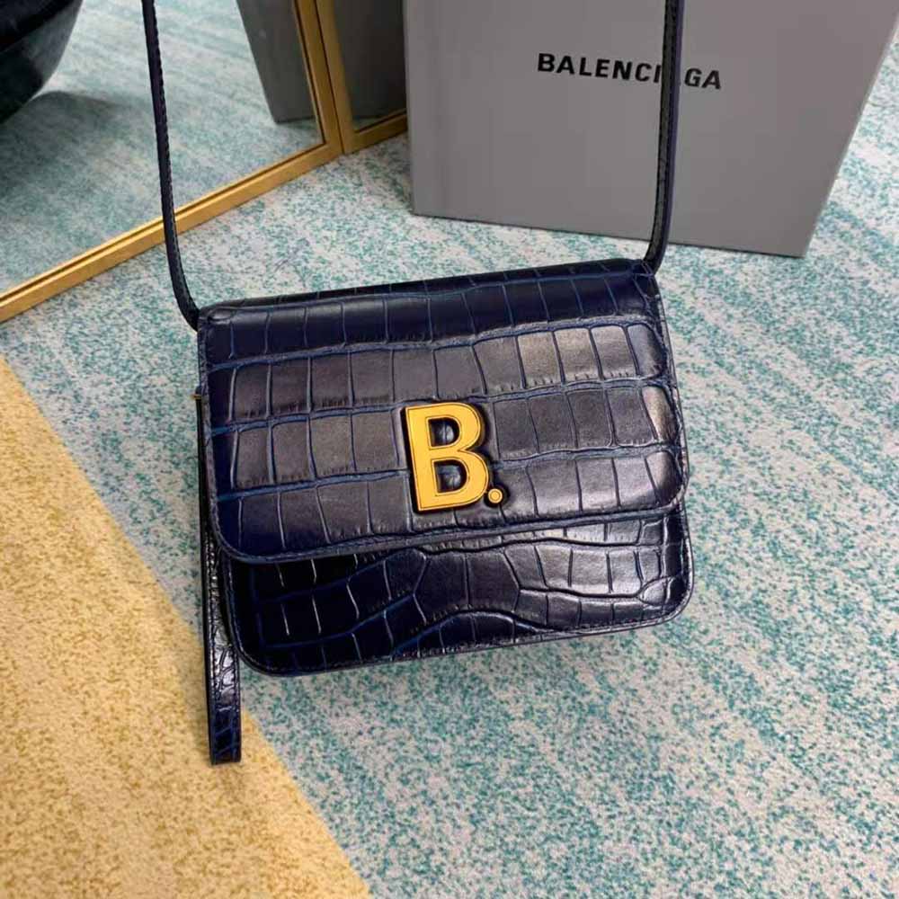 Balenciaga Women B. Small Bag in Black Crocodile Embossed Calfskin