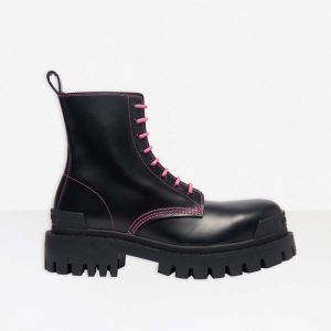 Balenciaga Women Strike 20mm Lace-Up Boot in Black Matte Calfskin-Pink