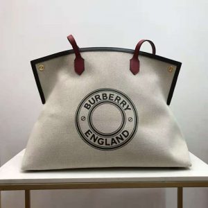 BURBERRY Cotton Canvas Calfskin Large Society Tote Bag Black
