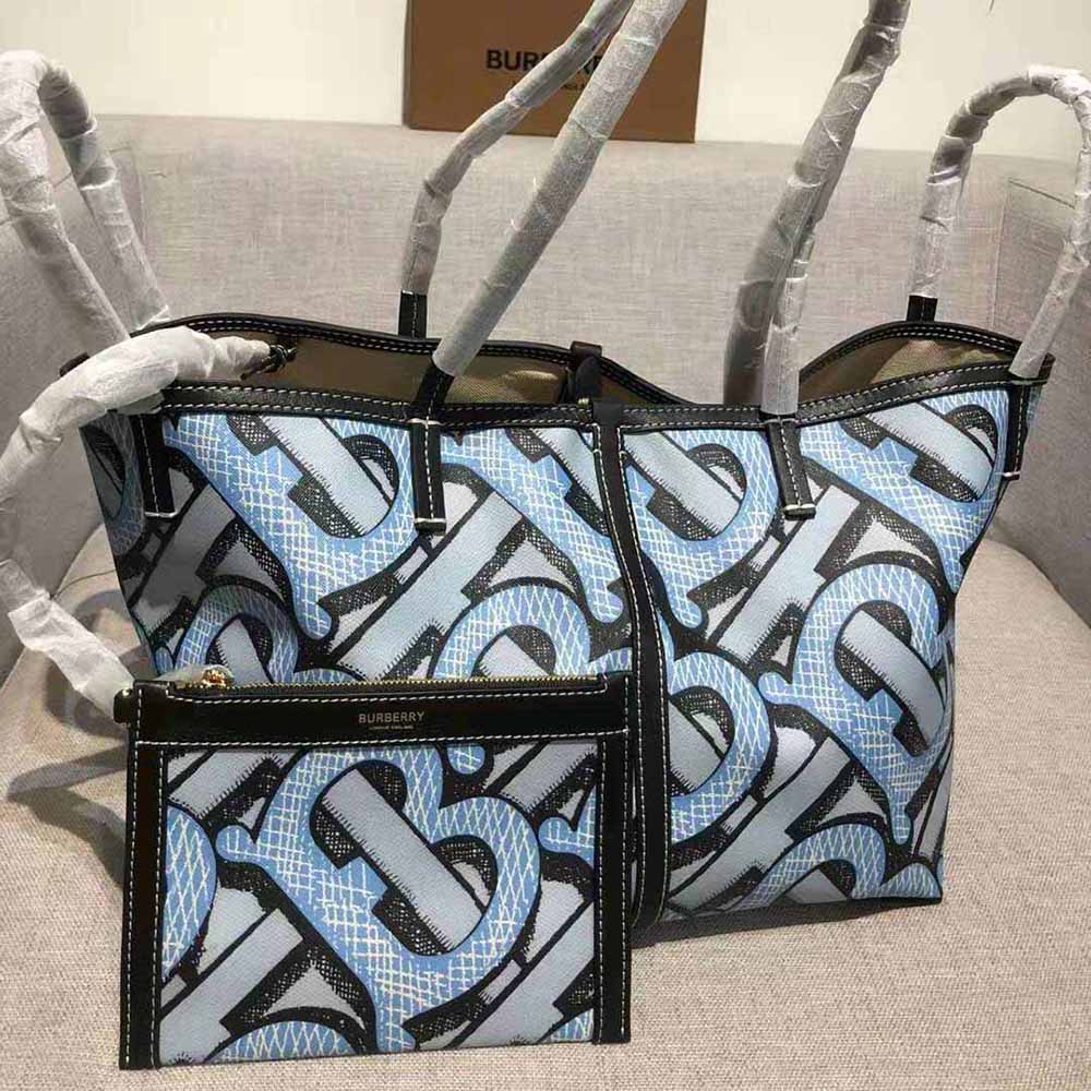 Burberry Women Mini Monogram Print E-canvas Beach Tote-Blue