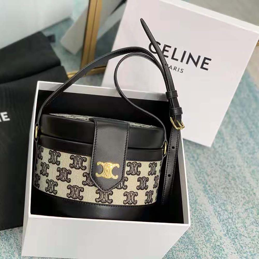 Celine Women Medium Tambour Bag in Textile with Triomphe Embroidery