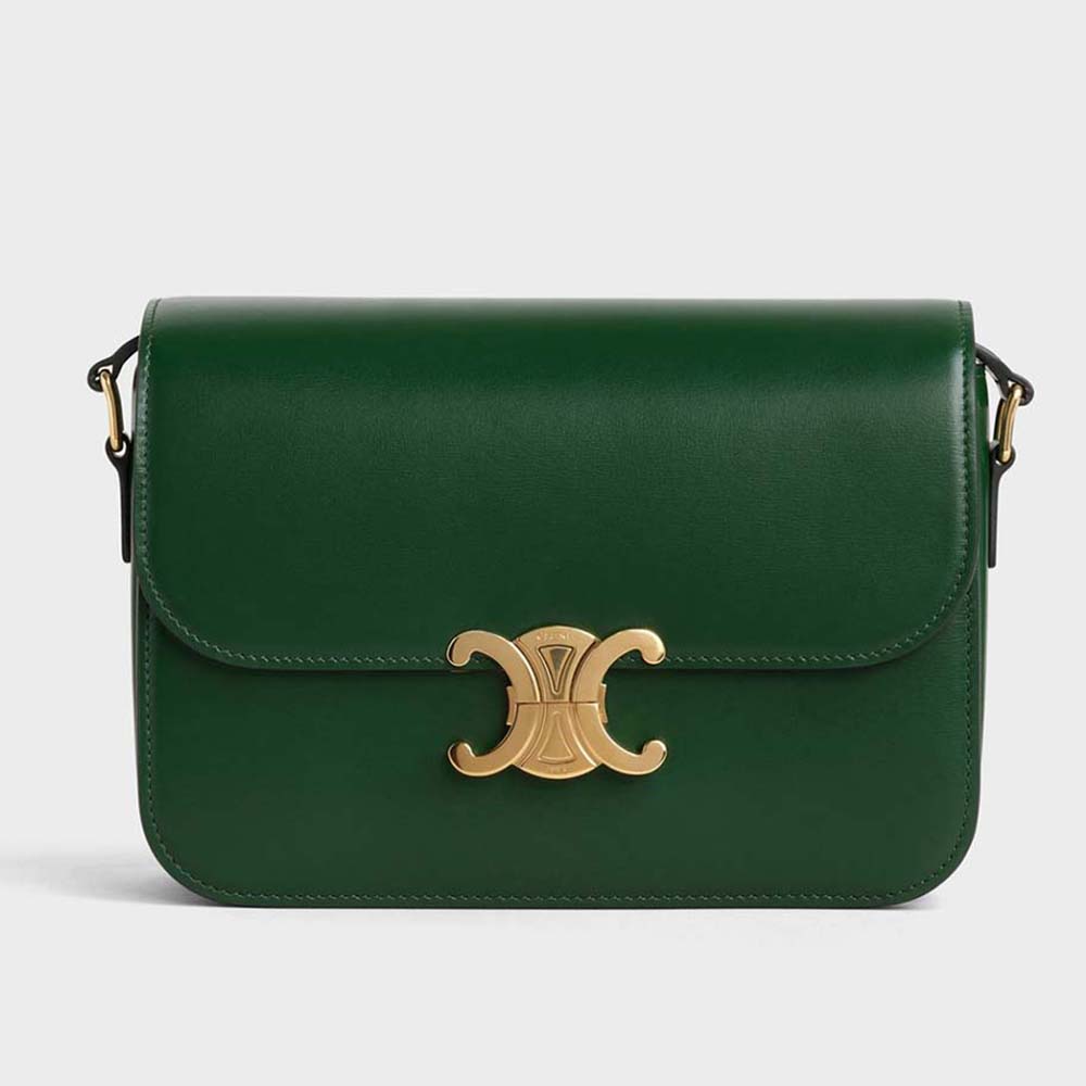 Celine Women Medium Triomphe Bag in Shiny Calfskin Green