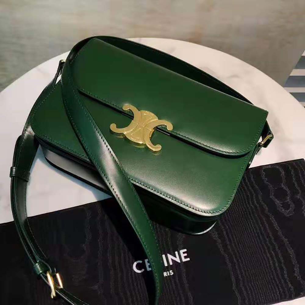 Celine Women Medium Triomphe Bag in Shiny Calfskin Green