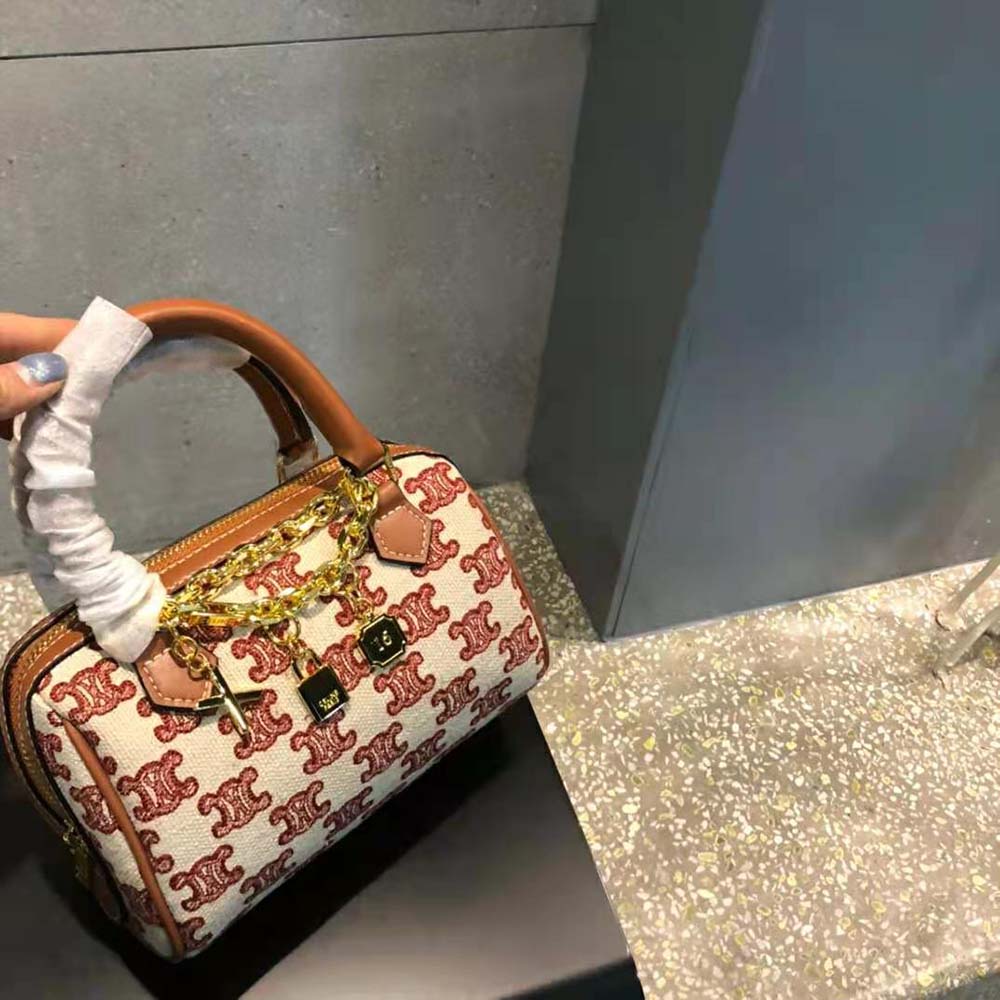 Celine Women Mini Boston Bag in Textile with Triomphe Embroidery