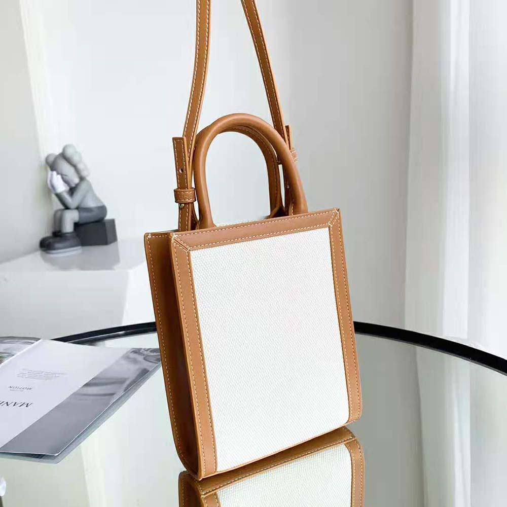 Celine Women Mini Vertical Cabas Celine in Textile with Celine Print and Calfskin-White 4 Celine Women Mini Vertical Cabas Celine in Textile with Celine Print and Calfskin-White - Image 4