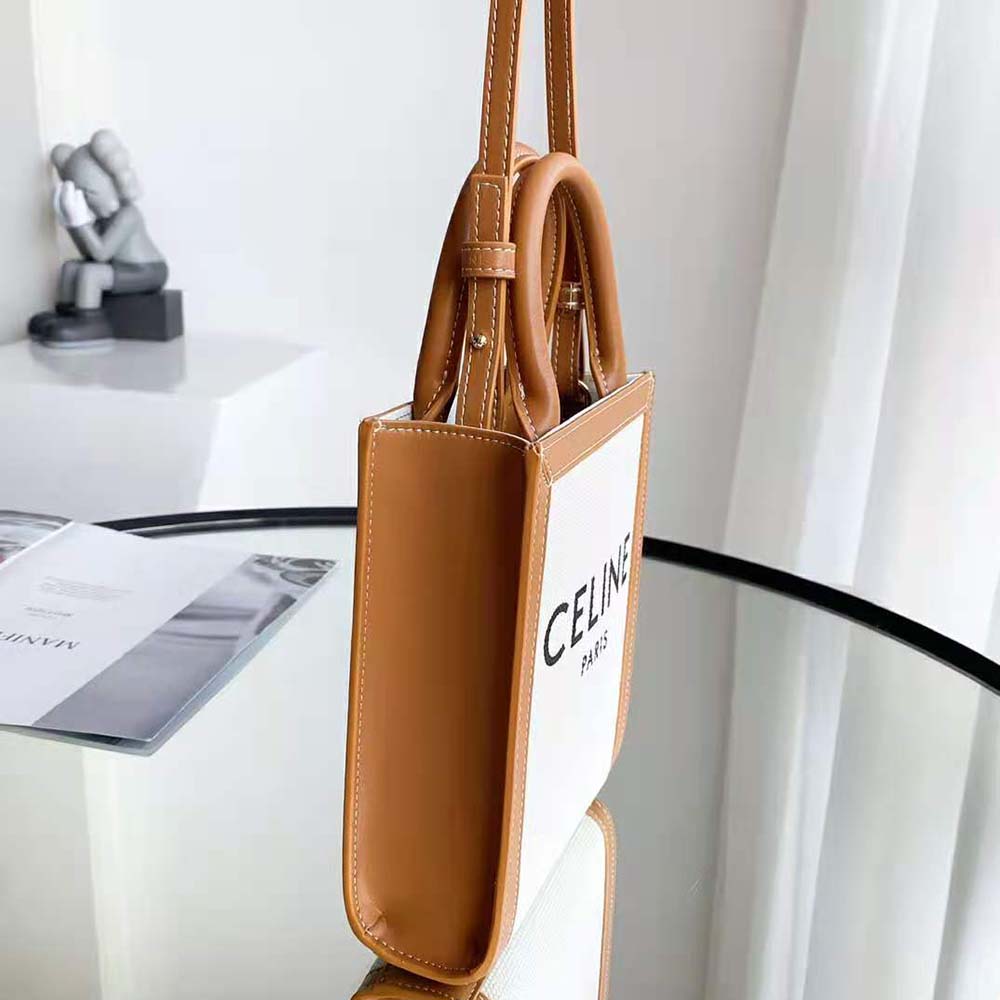 Celine Women Mini Vertical Cabas Celine in Textile with Celine Print and Calfskin-White 5 Celine Women Mini Vertical Cabas Celine in Textile with Celine Print and Calfskin-White - Image 5