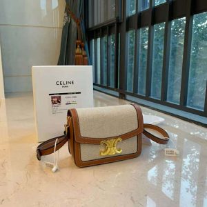 Celine Women Teen Triomphe Bag in Textile and Natural Calfskin