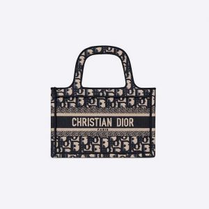 Dior Women Mini Dior Book Tote Blue Dior Oblique Embroidery