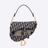 Dior Women Saddle Bag Blue Dior Oblique Embroidery
