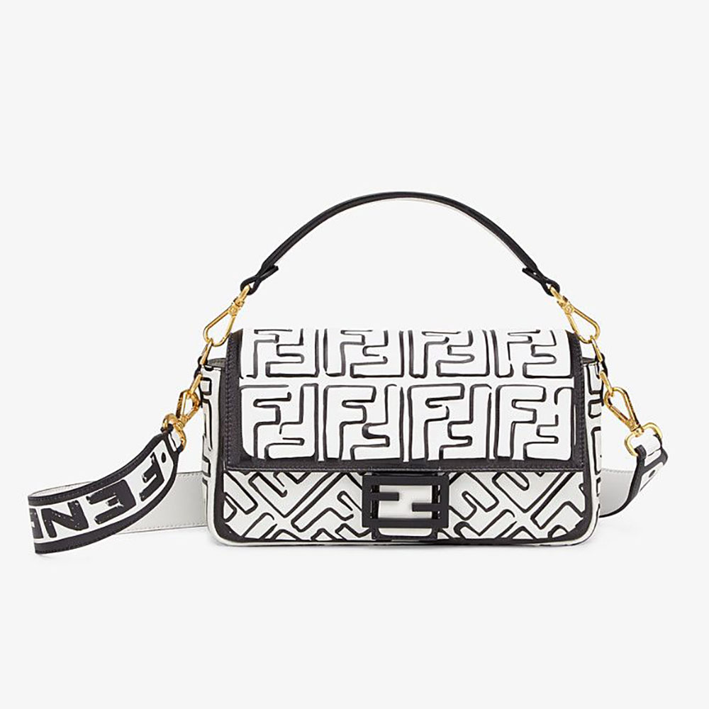 Fendi Women Baguette White Nappa Leather FF Print Bag