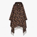 Fendi Women Brown Cashmere Poncho with Hood and Maxi Pockets on the front