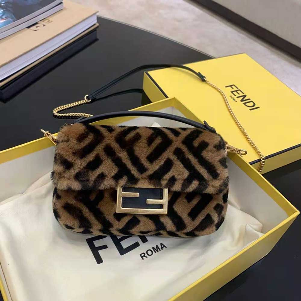 Fendi Women Mini Baguette Brown Sheepskin Bag