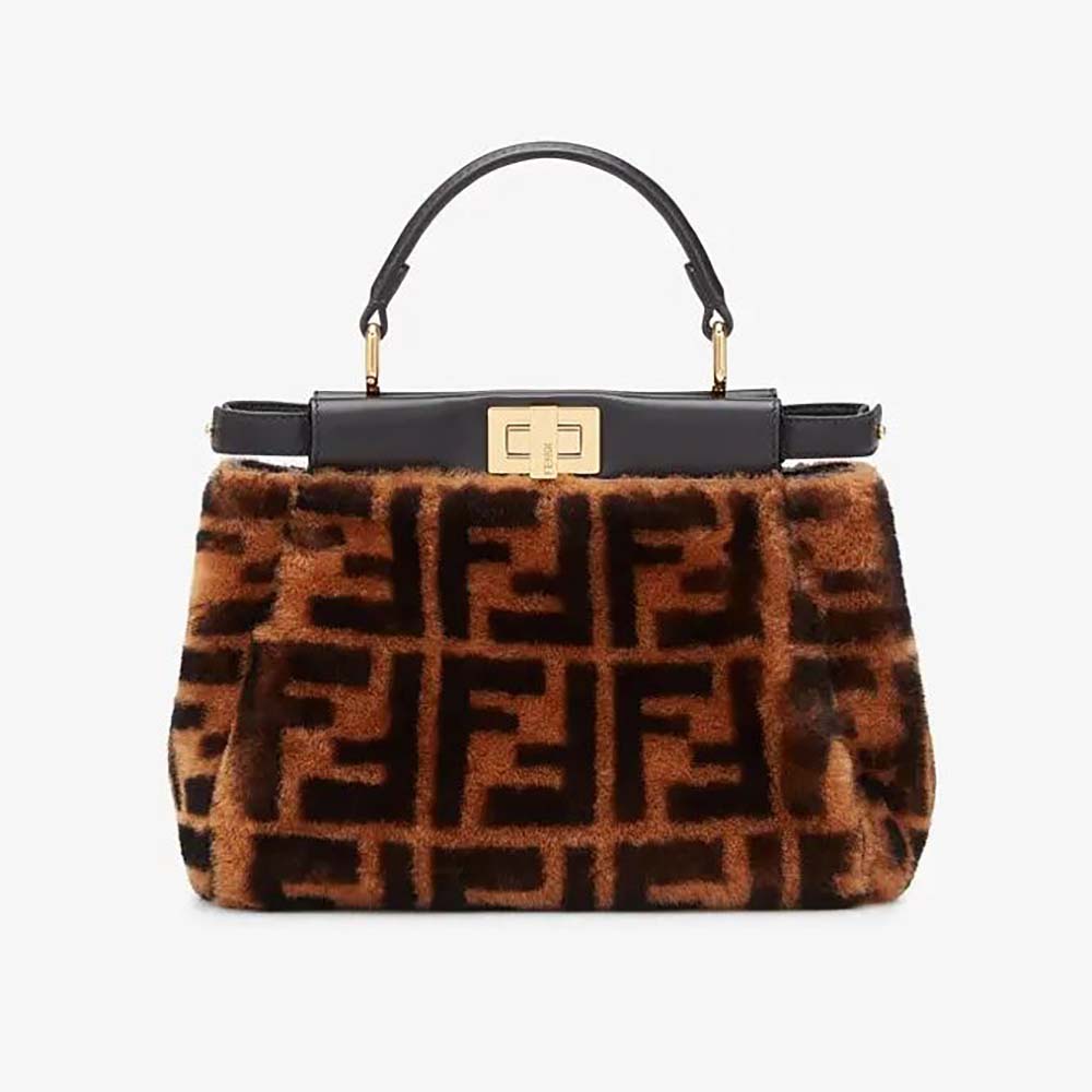 Fendi Women Peekaboo Iconic Mini Brown Sheepskin Bag