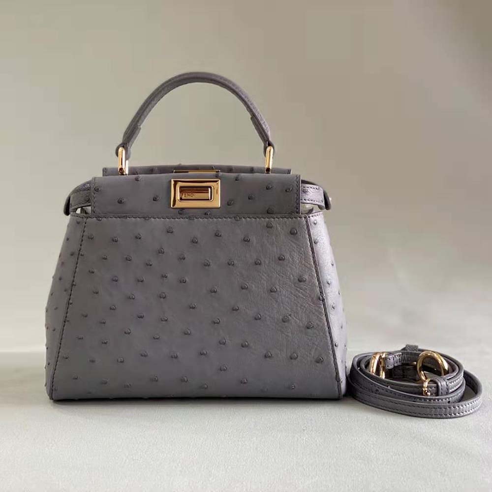 Fendi Grey Ostrich Leather Mini Peekaboo Top Handle Bag Fendi