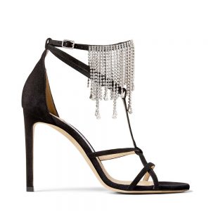 Jimmy Choo Women Bijou 100 Black Suede Sandals with Crystal Drape