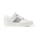 Jimmy Choo Women Hawaii F White Calf Leather Lace-Up Trainers with Glitter Stripe