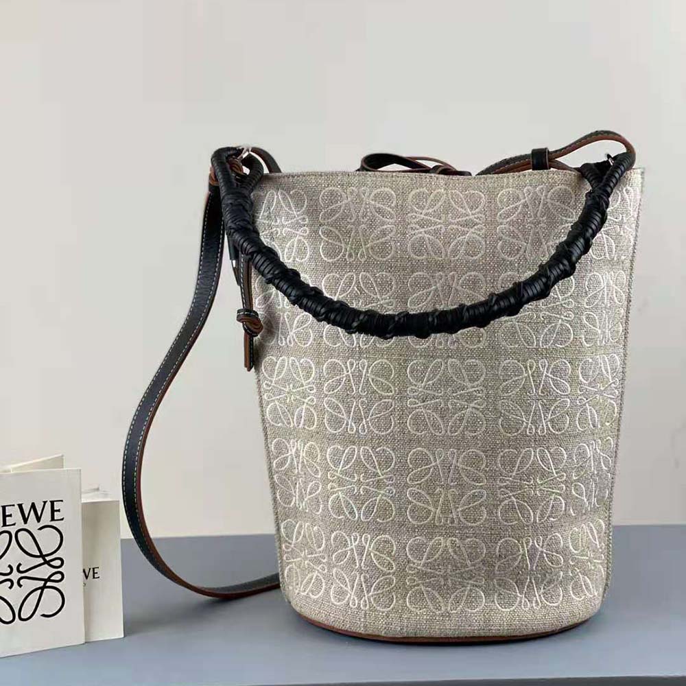 Loewe Women Gate Bucket Handle Bag in Anagram Linen and Calfskin