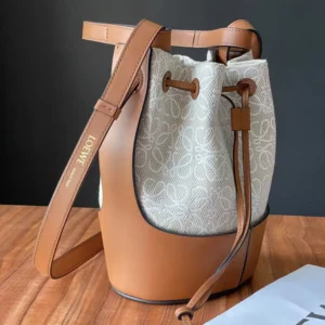 Loewe Women Small Balloon Bag in Anagram Linen and Calfskin