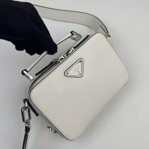 Medium Brique Saffiano Leather Bag with Handle 2VH069_9Z2, White, 22*16*6cm