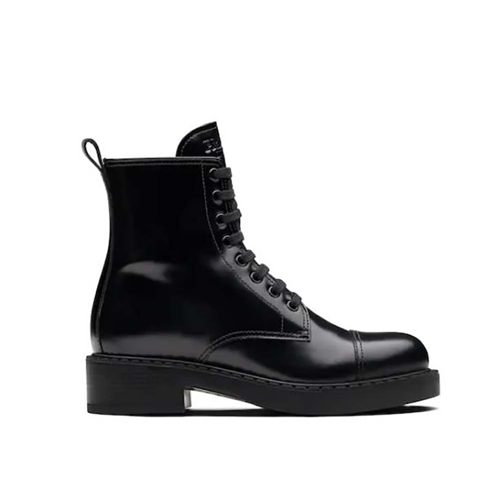 Prada Women Brushed Leather Laced Booties -Black