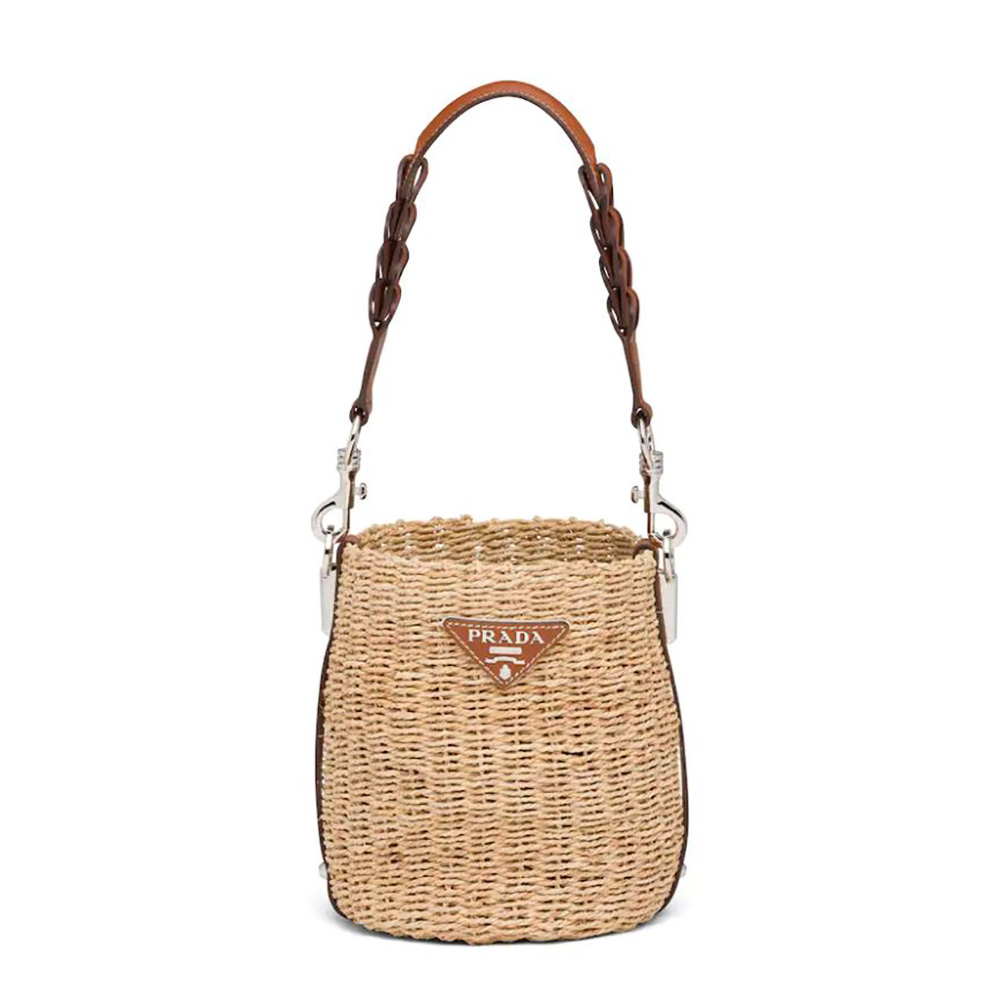 Prada Women Corn Husk and Leather Bucket Bag