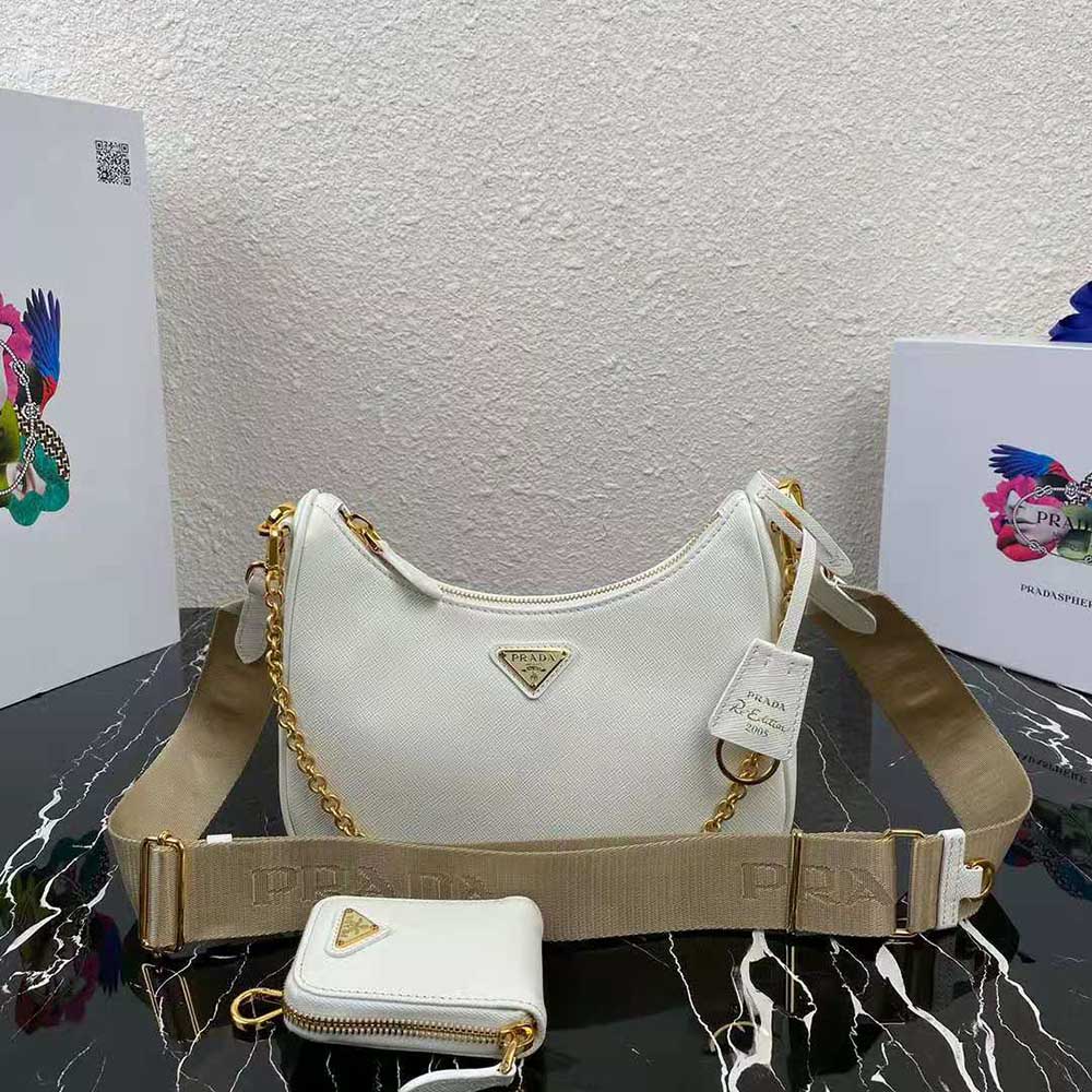 White Prada Re-edition 2005 Saffiano Leather Bag