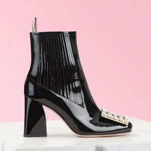 Roger Vivier Women Tres Vivier Strass Buckle Chelsea Booties in Patent Leather in 8.5cm Heel