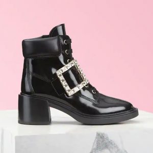 Roger Vivier Women Viv' Rangers Strass Buckle Ankle Boots in Leather-6cm Heel