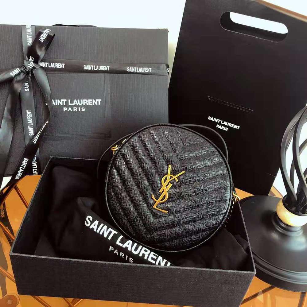YSL Black Chevron Quilted Leather Vinyle Round Camera Shoulder Bag