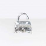 Balenciaga Women Hourglass Mini Top Handle Bag in Silver Crocodile Embossed Calfskin