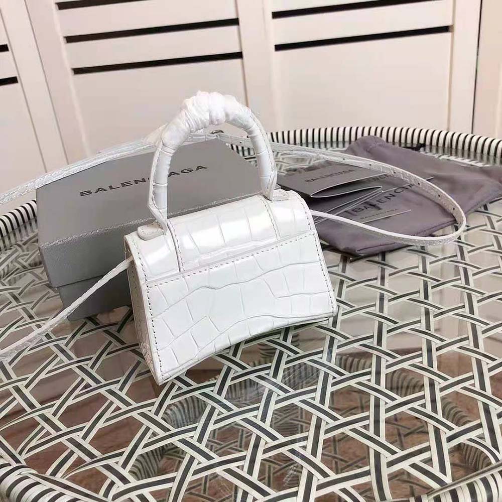 Balenciaga Hourglass Top Handle Bag Crocodile Embossed Leather Mini White