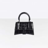 Balenciaga Women Hourglass Mini Top Handle in Black Shiny Crocodile Embossed Calfskin