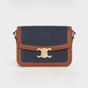 Celine Women Mdium Triomphe Bag in Textile and Calfskin-Navy