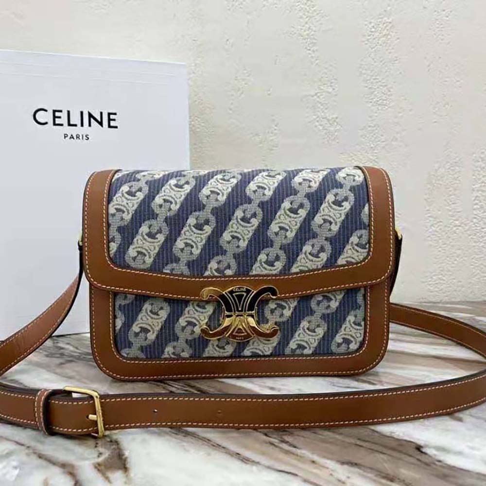 Celine Medium Triomphe Bag Chaine Triomphe Jacquard Canvas Tan Calfski –  Coco Approved Studio