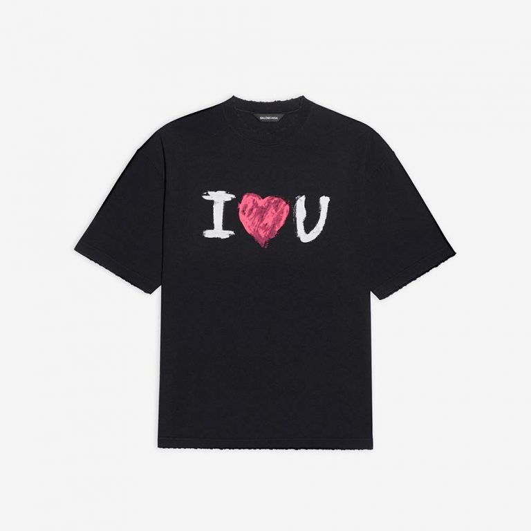 Balenciaga Men I Love U Medium Fit T-shirt in Black Vintage Jersey
