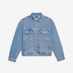 Balenciaga Men Large Fit Jacket in Stonewashed Blue Denim