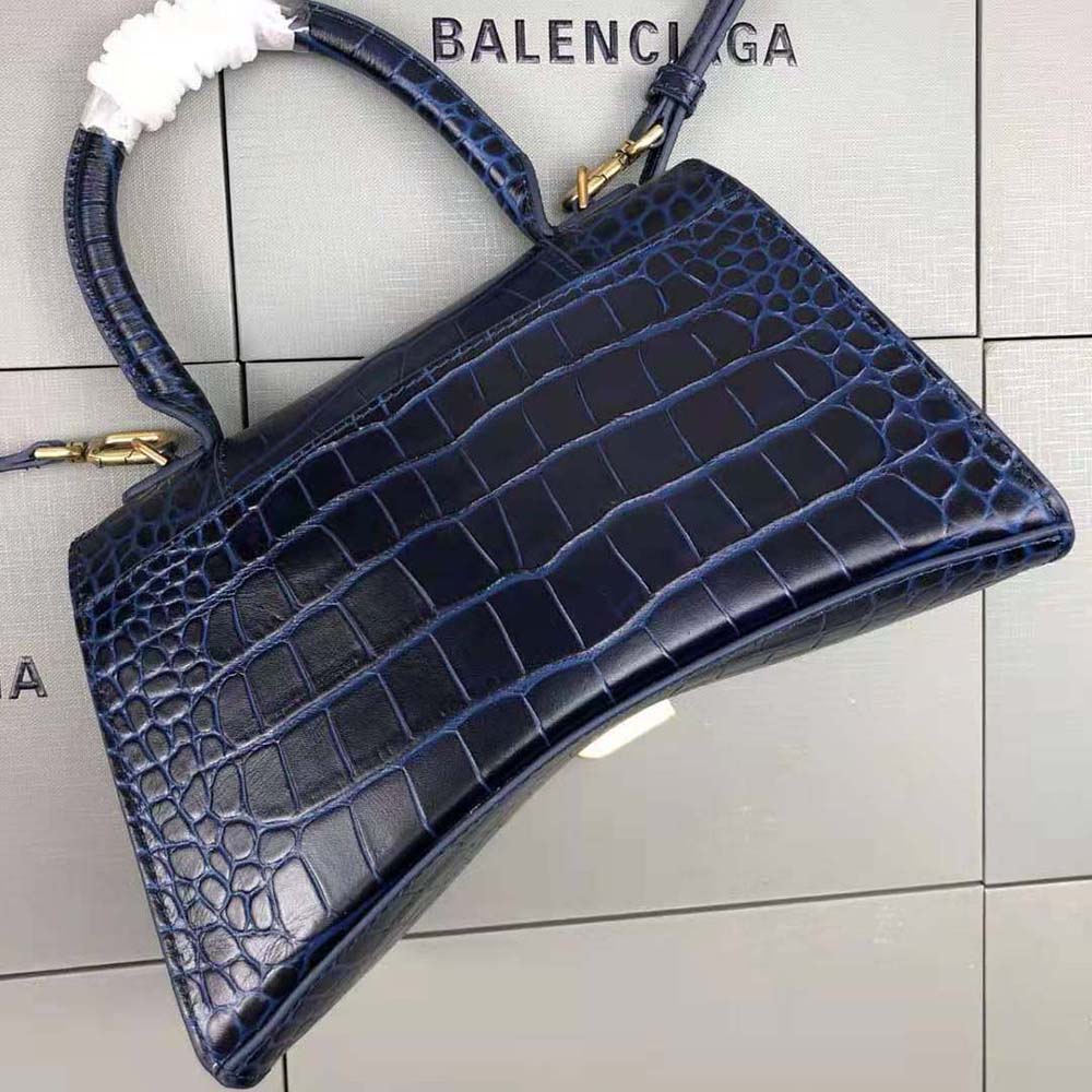 Balenciaga Hourglass Top Handle Bag Small Crocodile Embossed Navy