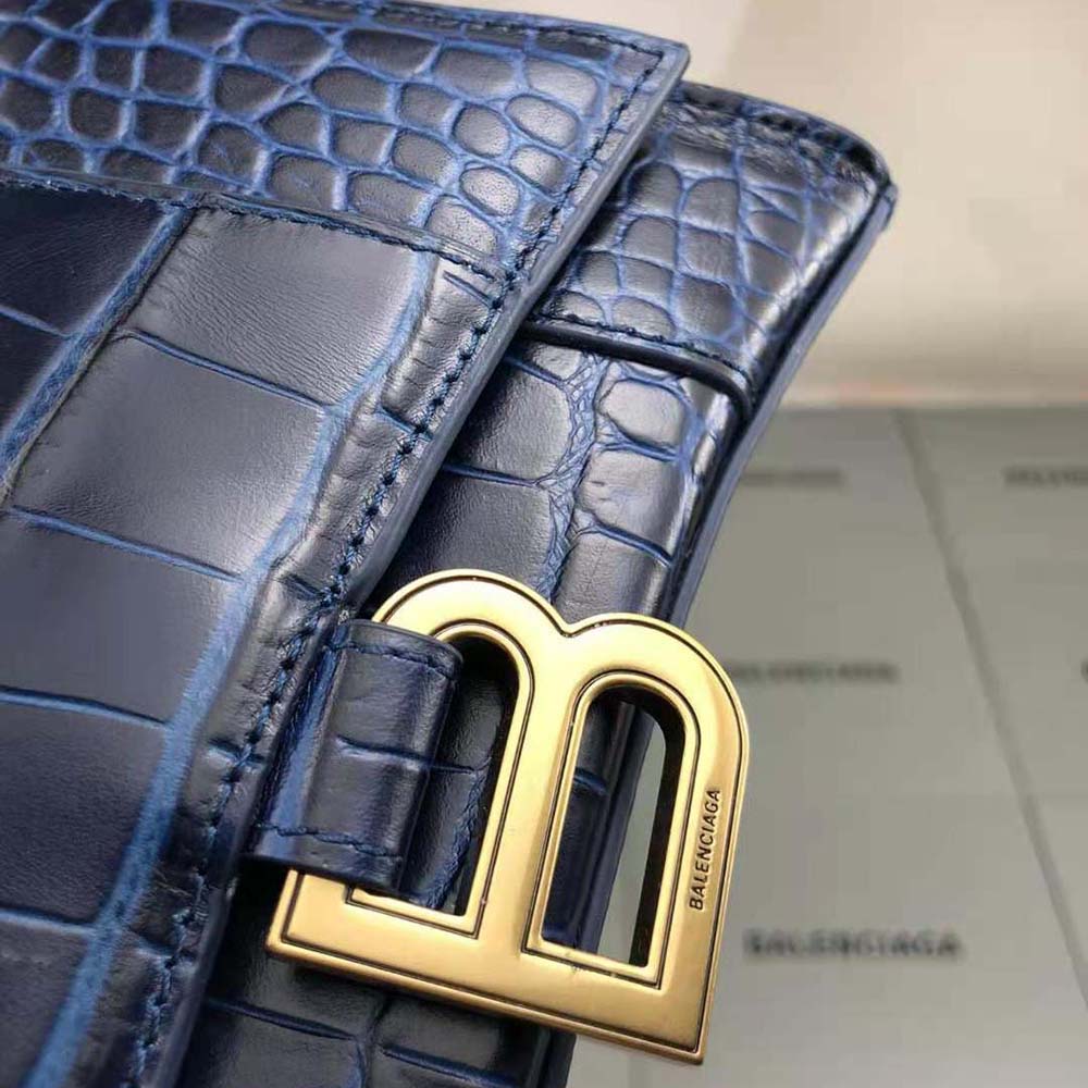 Balenciaga Hourglass Top Handle Bag Small Crocodile Embossed Navy