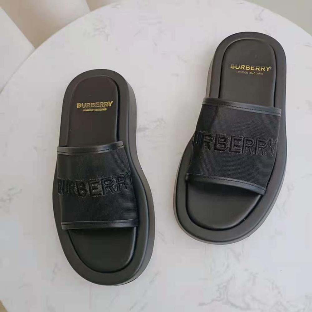 burberry embroidered logo mesh and leather slides