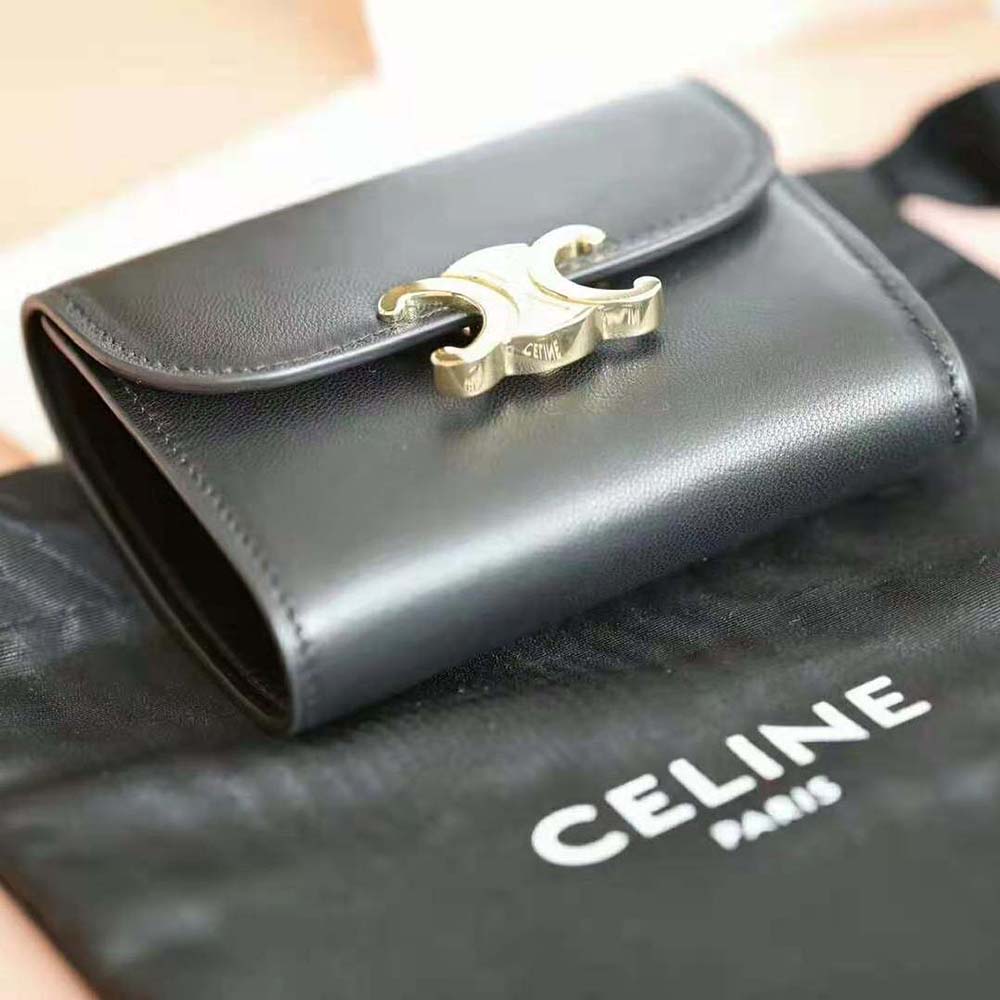 Celine Women Small Flap Wallet in Shiny Smooth Lambskin-Black