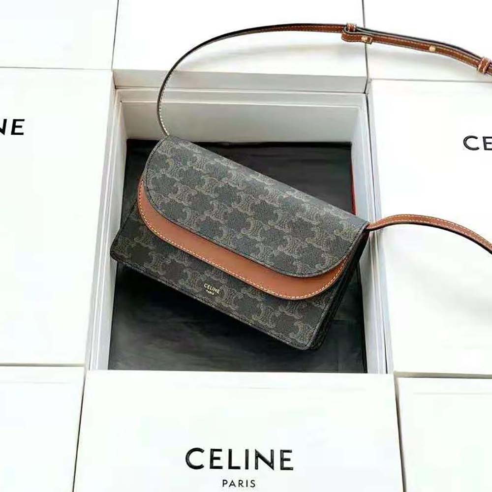 Celine wallet on strap in Triomphe Canvas and Smooth Lambskin, 女裝, 手袋及銀包,  單肩包- Carousell