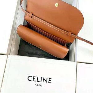 Celine Women Wallet on Strap in Triomphe Canvas and Smooth Lambskin-Tan