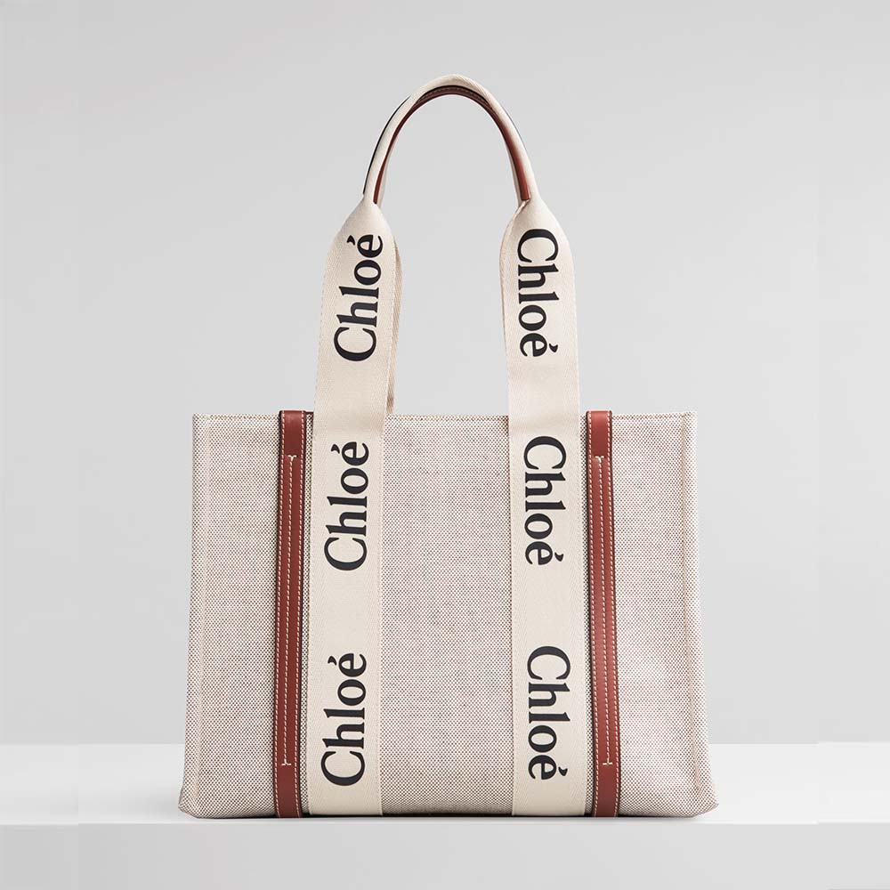 Chloe Women Small Woody Tote Bag in Cotton Canvas and Shiny Calfskin ...